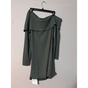 One Shoulder Ruched Mini Dress Army Green Ribbed Long Sleeve women's XL NWT